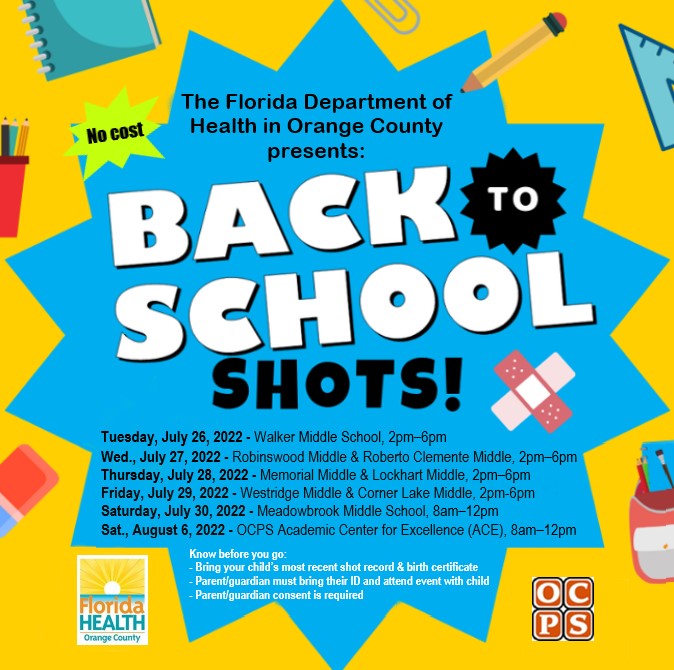 SCHOOL IMMUNIZATIONS FOR OCPS KINDERGARTERNERS AND 7TH GRADERS