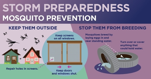 Storm Preparedness Mosquito Prevention Keep them outside *Repair holes in screens. *Keep screens on all windows. *Keep doors and windows shut. Stop them from breeding *Mosquitoes breed by laying eggs in and near standing water. *Turn over or cover anything that could hold water.